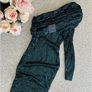 JLUXLABEL - Green Lure Gathered One Shoulder Sequin Dress, NWT